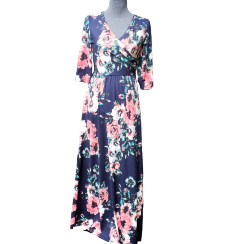 Zattcas Floral Maxi Long Dress 3/4 Sleeves Size Small